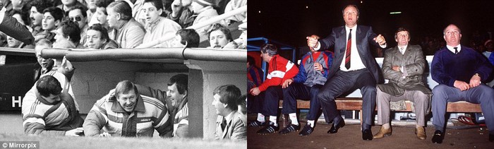 Những màn ăn mừng của Alex Ferguson (trái, năm 1986) và Big Ron (1985) trước kình địch Liverpool.